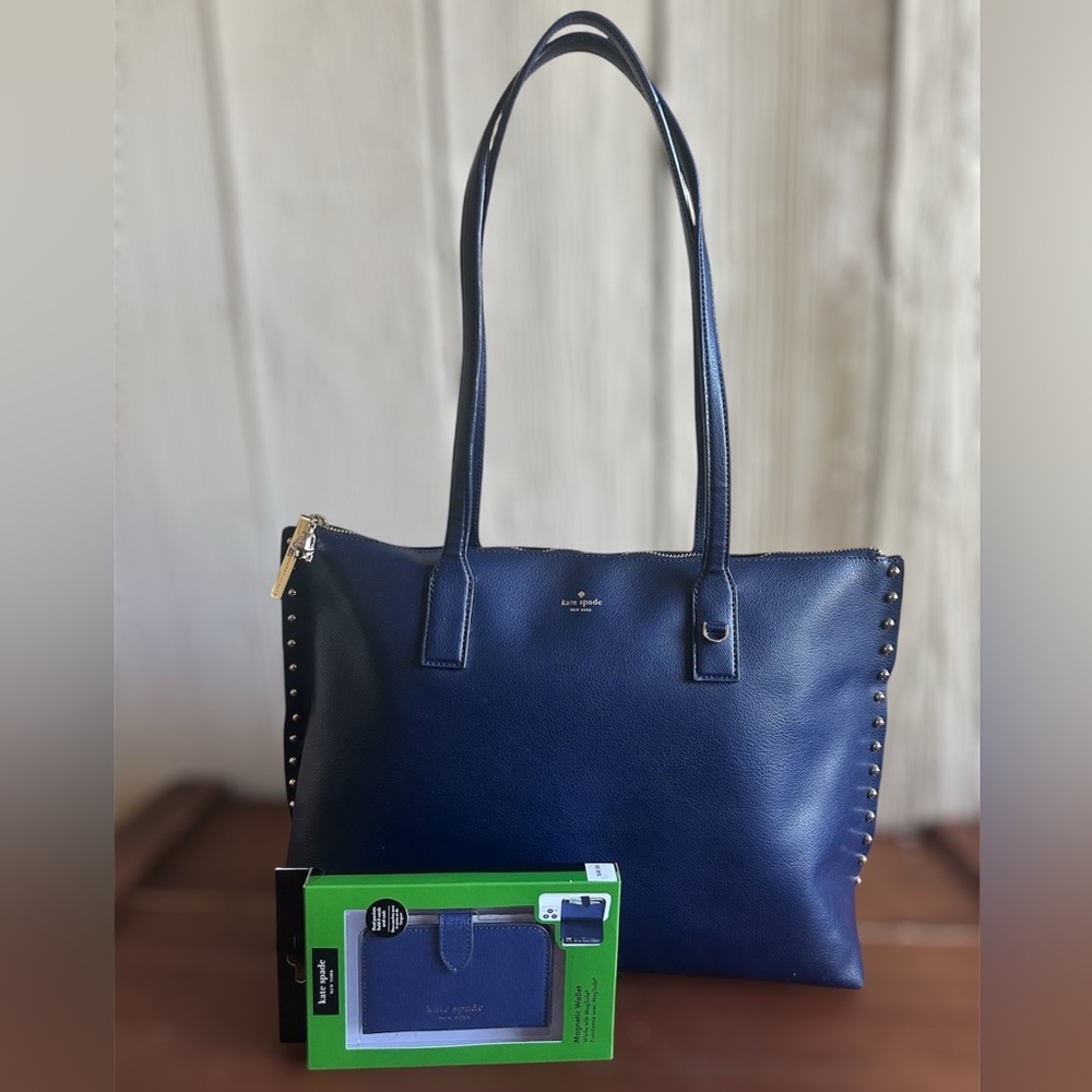 Kate Spade On Purpose Navy Leather Studded Tote Rwanda + MagSafe Wallet NWT - Picture 2 of 12